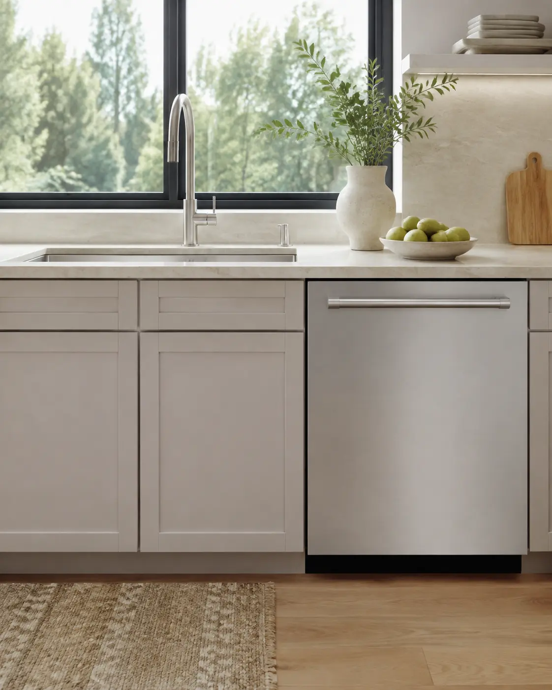Built-in dishwasher and sink in a light kitchen