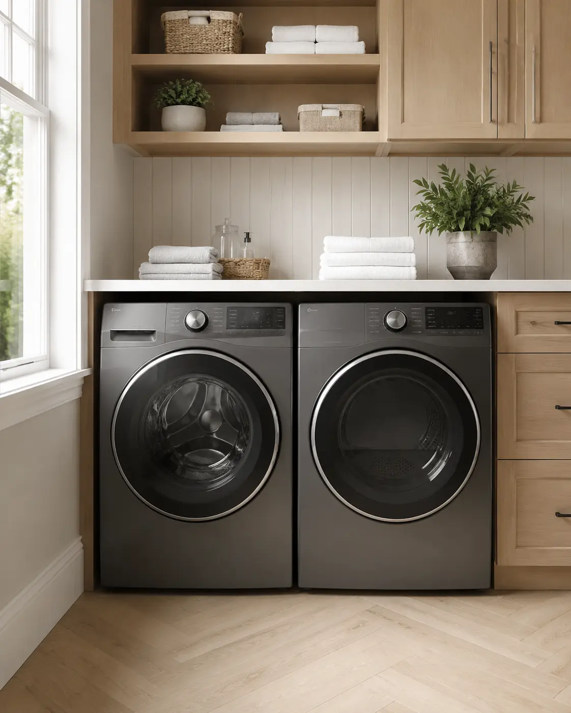 Front-load laundry appliances in a bright laundry room