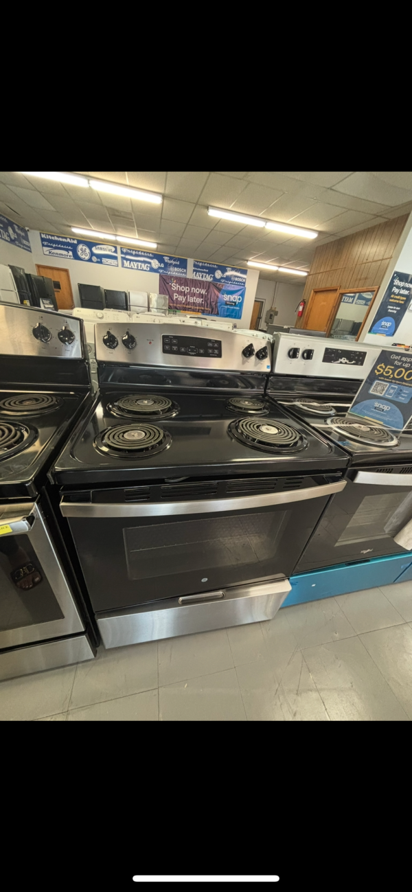 ge® 5.3 cu. ft. stainless steel freestanding electric range with self clean oven